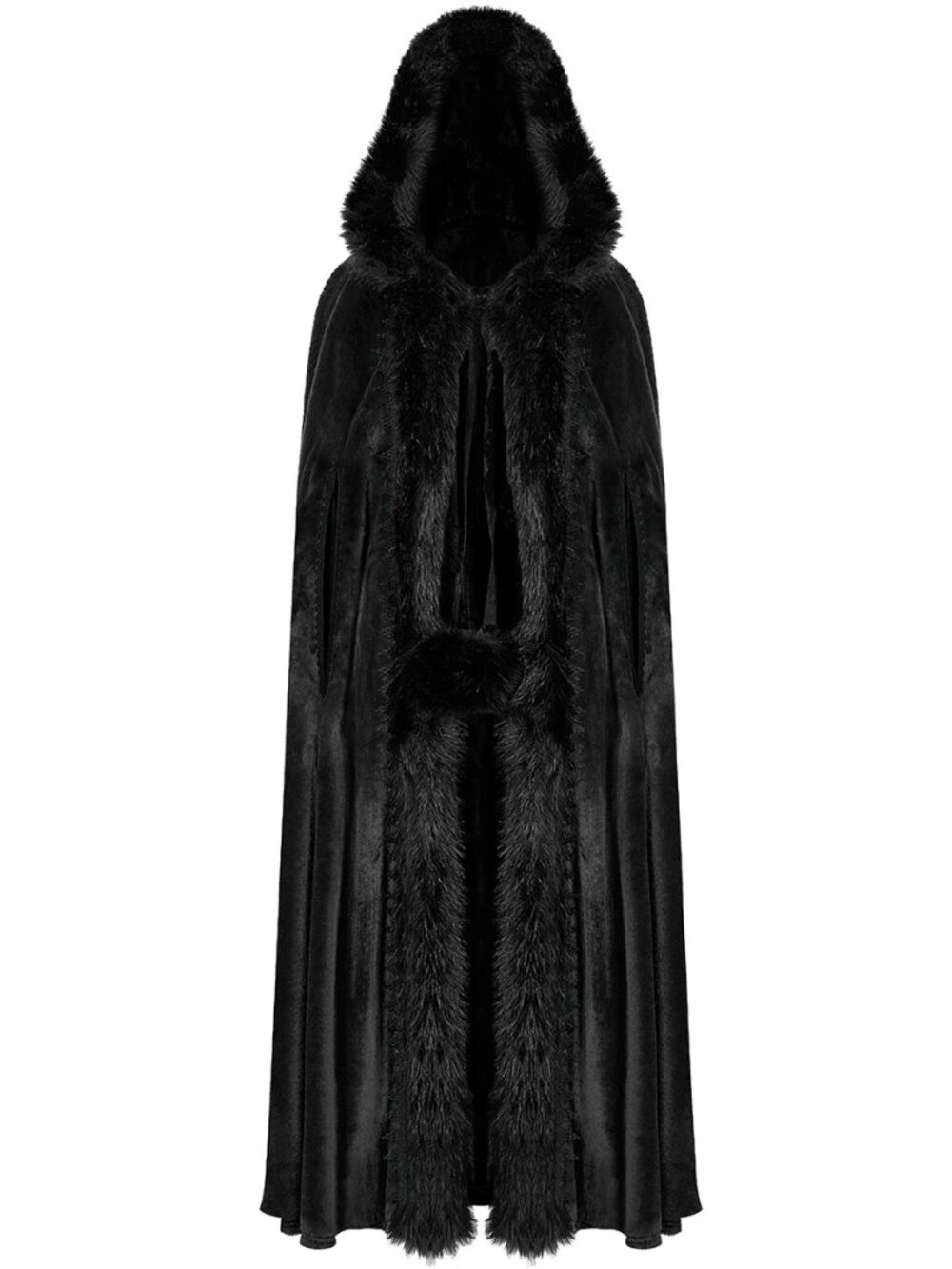 Gothic Fur Trim Velvet Long Coat - Black